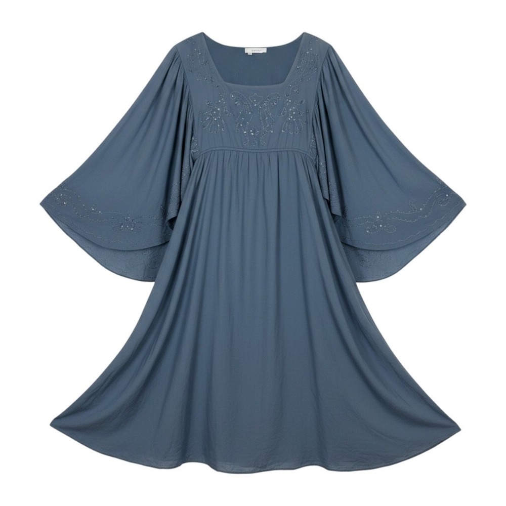 Boho Mini Dress Blue Embroidered Sequin Butterfly Sleeve Hippie Fairy LARGE